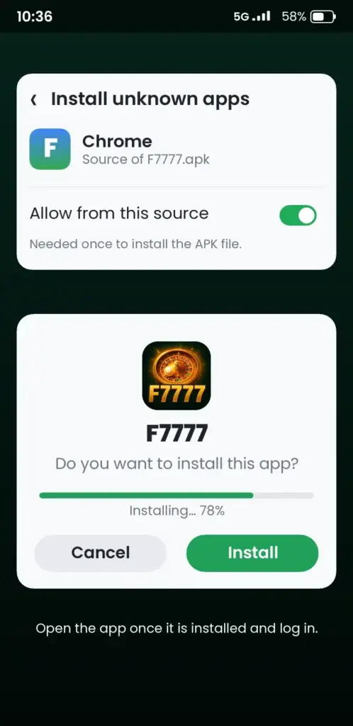 F7777 APK install screen on Android – allow unknown apps and tap Install