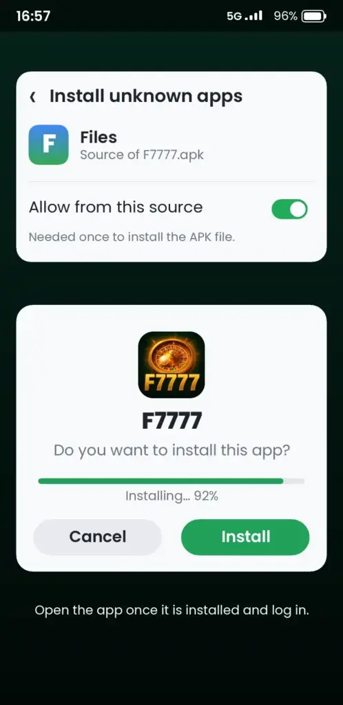 F7777 APK install screen on Android – allow unknown apps and tap Install