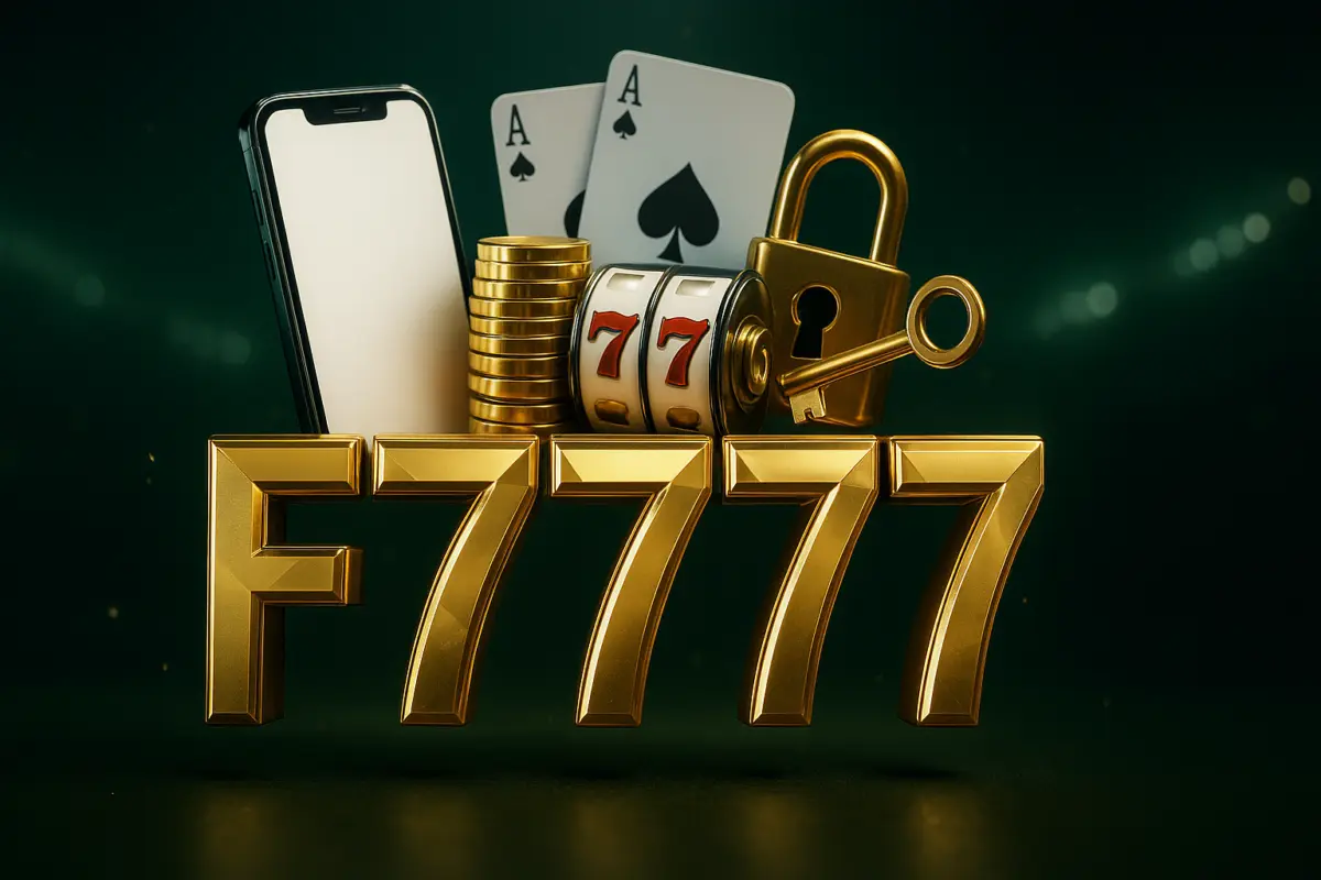 F7777 app Download: smartphone, stack of gold coins, slot machine reel and padlock around the gold F7777 logo