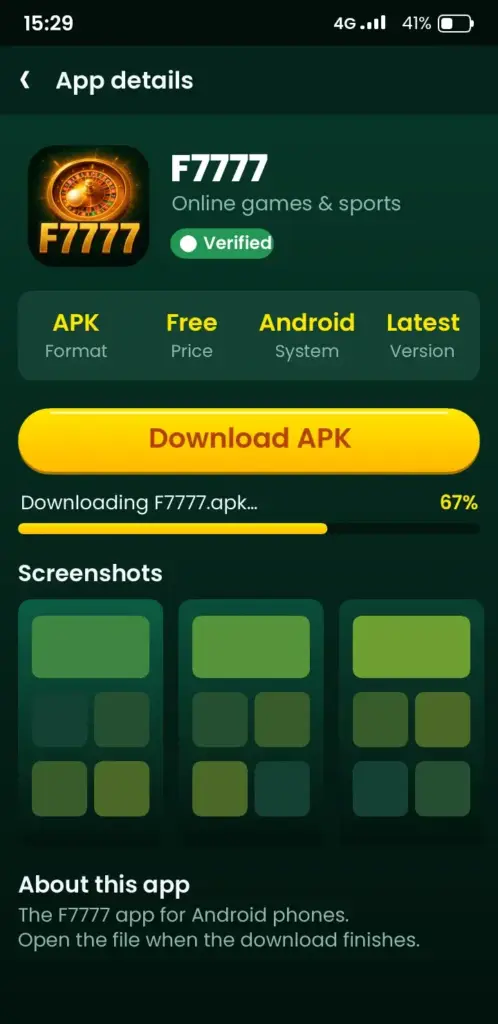 F7777 app download screen with the Download APK button on Android