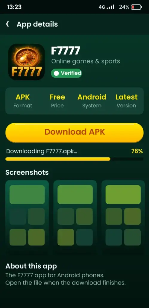 F7777 app download screen with the Download APK button on Android