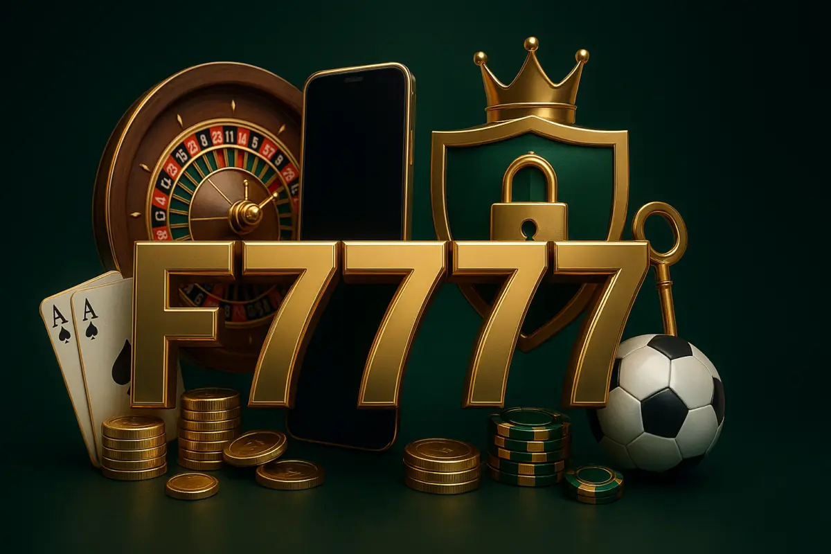 F7777 app download: smartphone, shield, padlock and slot machine reel around the gold F7777 logo