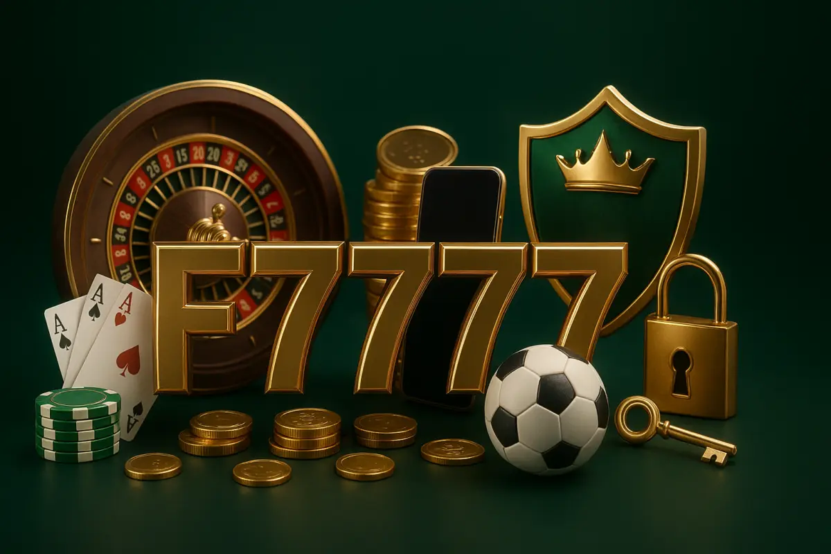 F7777 aviator: aviator plane, vault door, slot machine reel and stack of gold coins around the gold F7777 logo