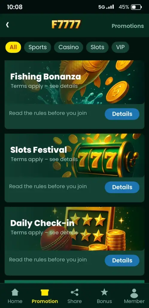 F7777 bonus and promotions screen in the app