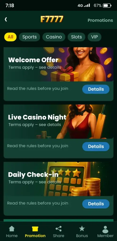 F7777 bonus and promotions screen in the app