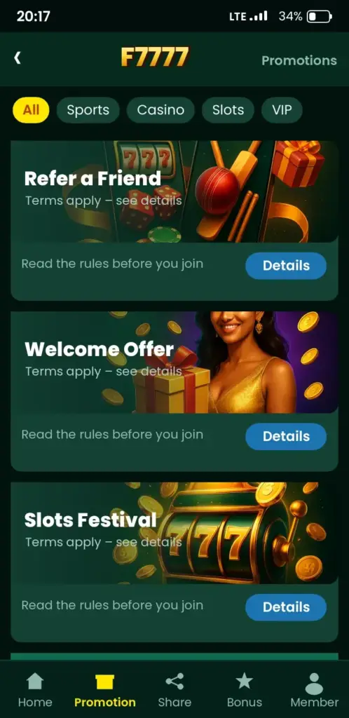 F7777 bonus and promotions screen in the app