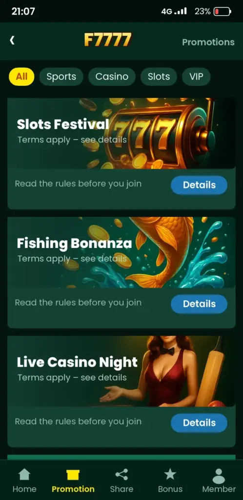 F7777 bonus and promotions screen in the app
