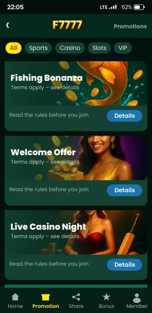 F7777 Bonuses – bonus and promotions screen in the app