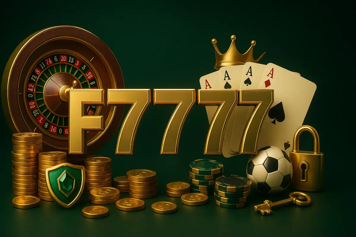 F7777 bonuses: treasure chest, gift box, trophy cup and slot machine reel around the gold F7777 logo