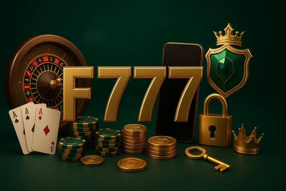 F7777 casino Games: casino chip, stack of gold coins, cricket bat and slot machine reel around the gold F7777 logo