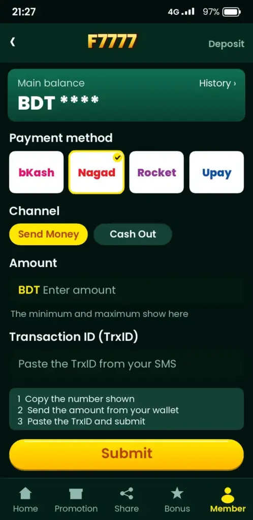 F7777 deposit screen with bKash, Nagad and Rocket payment methods
