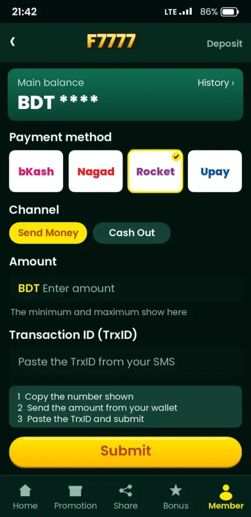 F7777 deposit screen with bKash, Nagad and Rocket payment methods