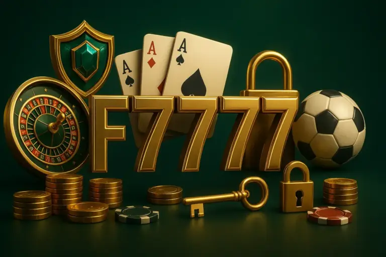 F7777 game: slot machine reel, cricket bat and smartphone around the gold F7777 logo