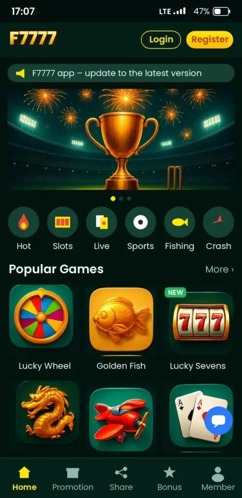 F7777 app game lobby with slots, live casino and crash games