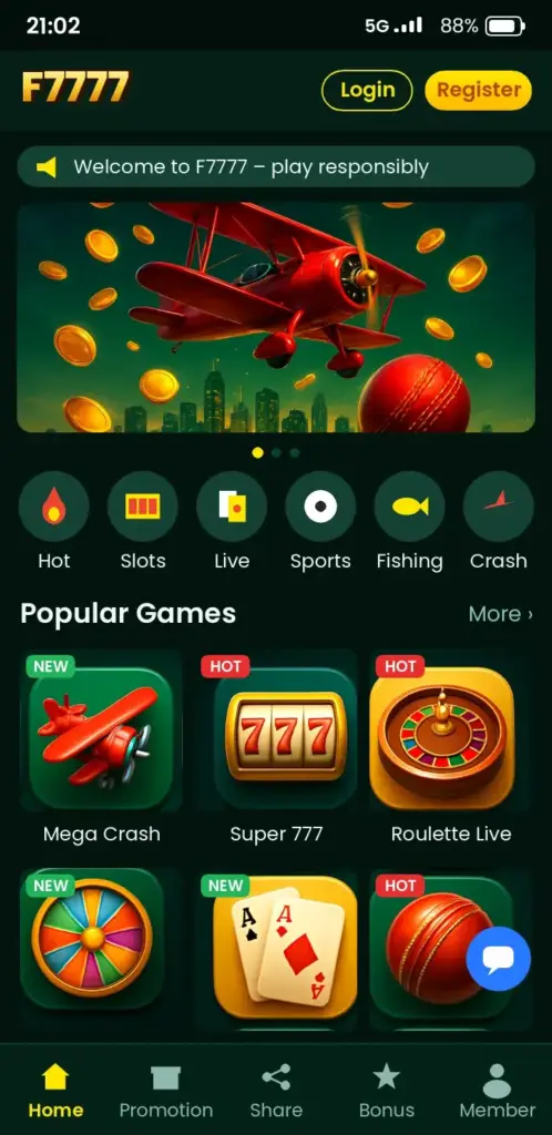 F7777 app game lobby with slots, live casino and crash games