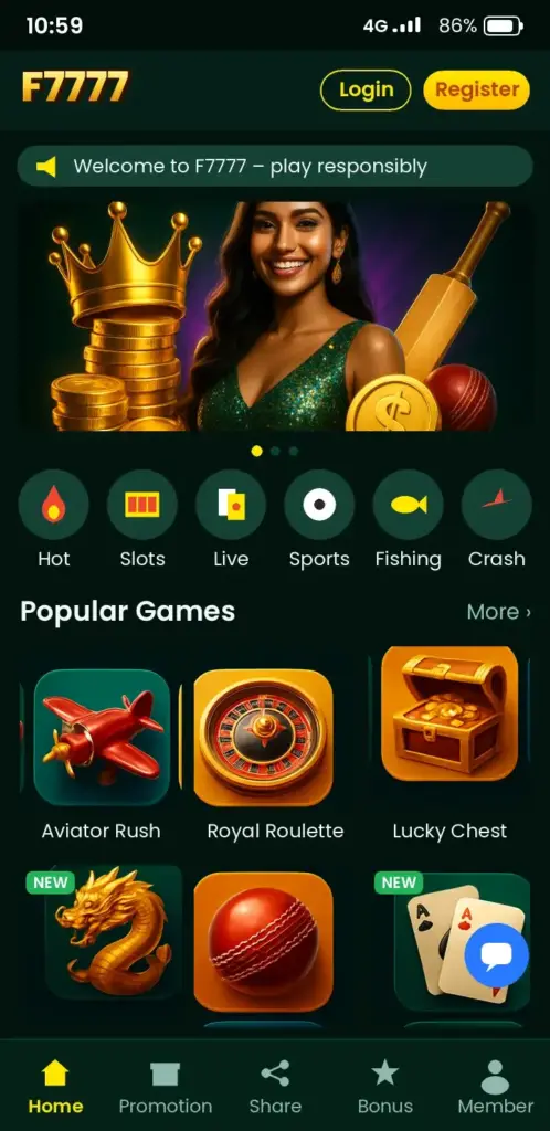 F7777 app game lobby with slots, live casino and crash games