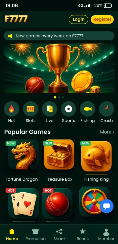 F7777 app game lobby with slots, live casino and crash games