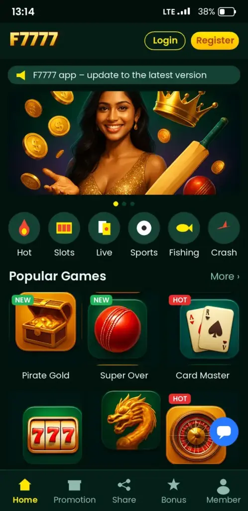 F7777 app game lobby with slots, live casino and crash games