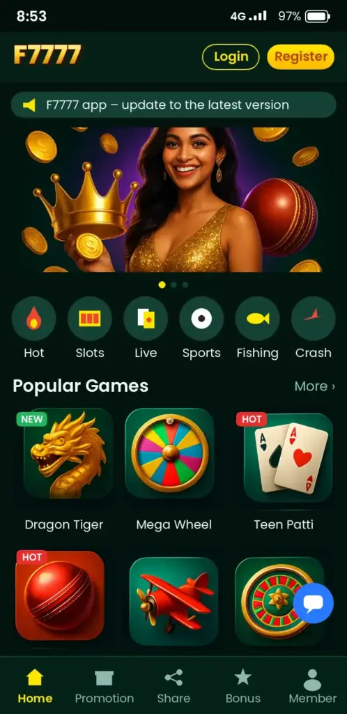 F7777 Slots – app game lobby with slots, live casino and crash games