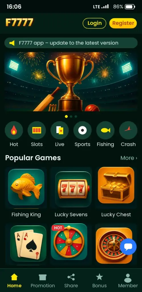 F7777 Aviator – app game lobby with slots, live casino and crash games
