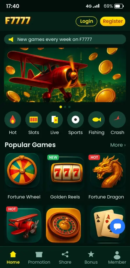 F7777 app game lobby with slots, live casino and crash games