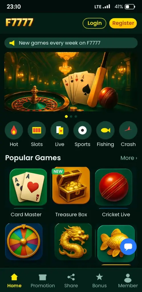F7777 app game lobby with slots, live casino and crash games