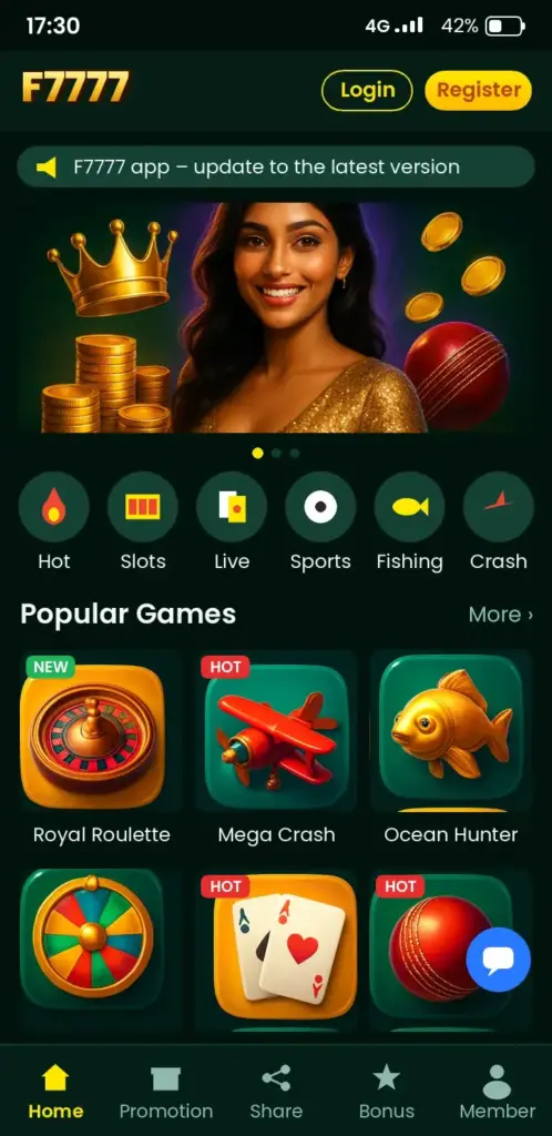 F7777 app game lobby with slots, live casino and crash games