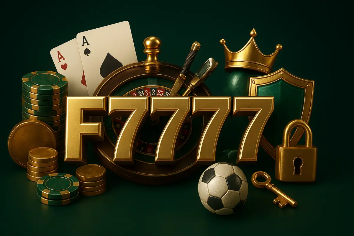 F7777 login: padlock, stack of gold coins, shield and smartphone around the gold F7777 logo