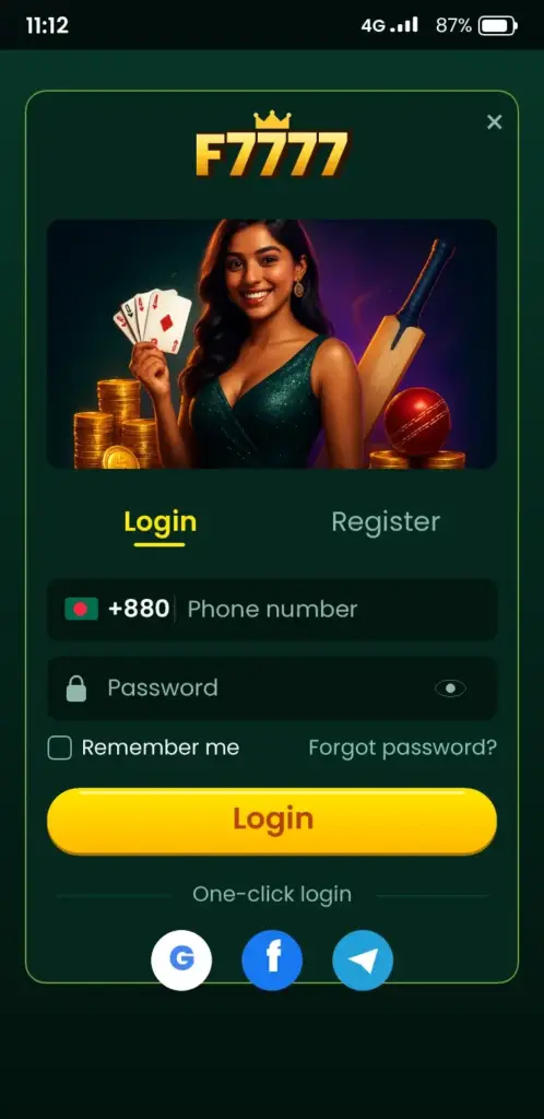 F7777 login screen in the app with phone number and password