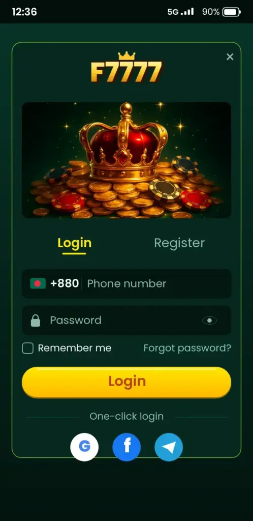 F7777 login screen in the app with phone number and password