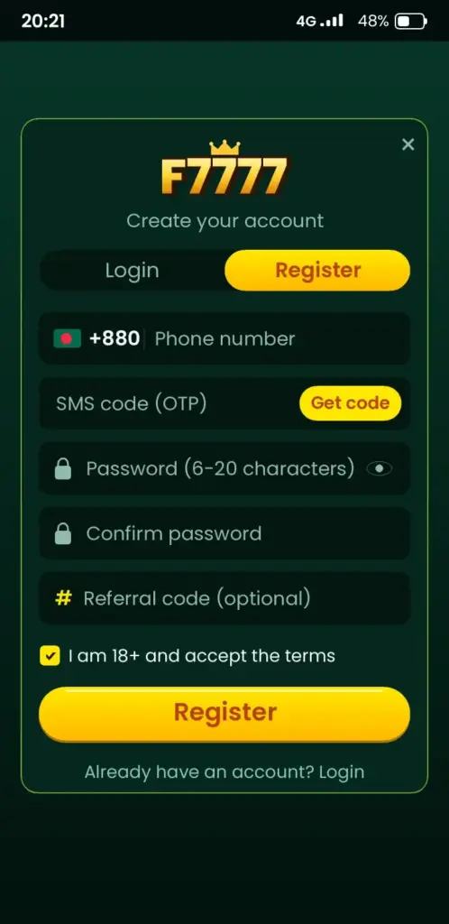 F7777 register screen – sign up with a Bangladesh phone number and OTP
