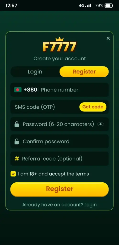 F7777 register screen – sign up with a Bangladesh phone number and OTP