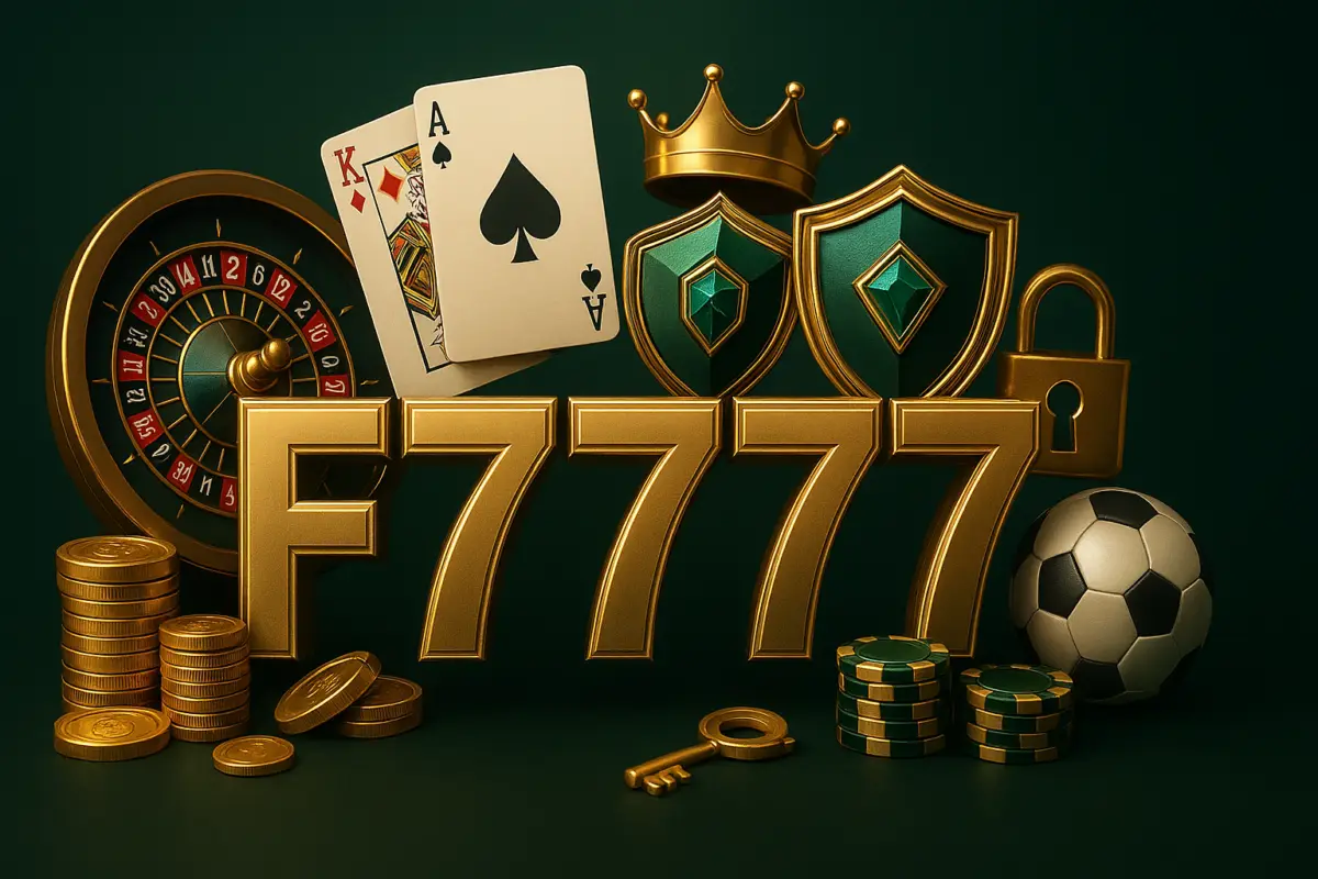 F7777 slots: stack of gold coins, slot machine reel and playing cards around the gold F7777 logo