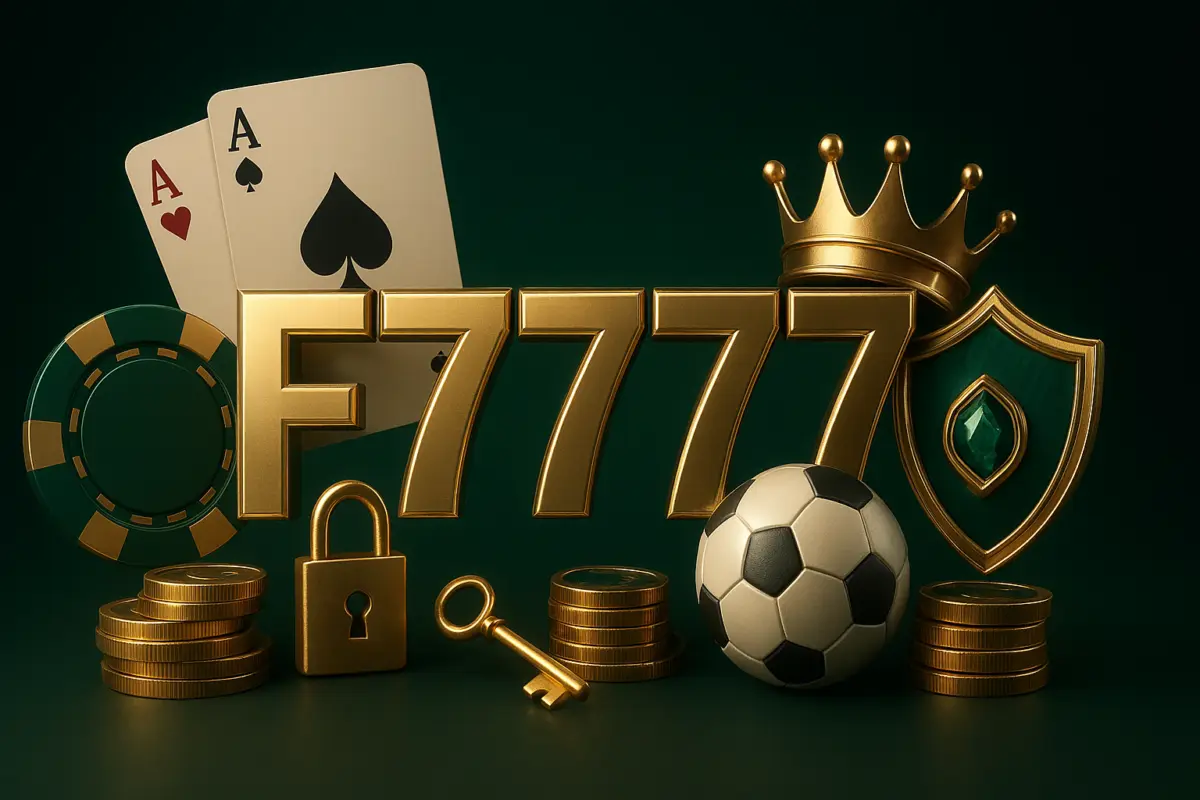 F7777 sports Betting: cricket bat, playing cards, football and cricket stumps around the gold F7777 logo